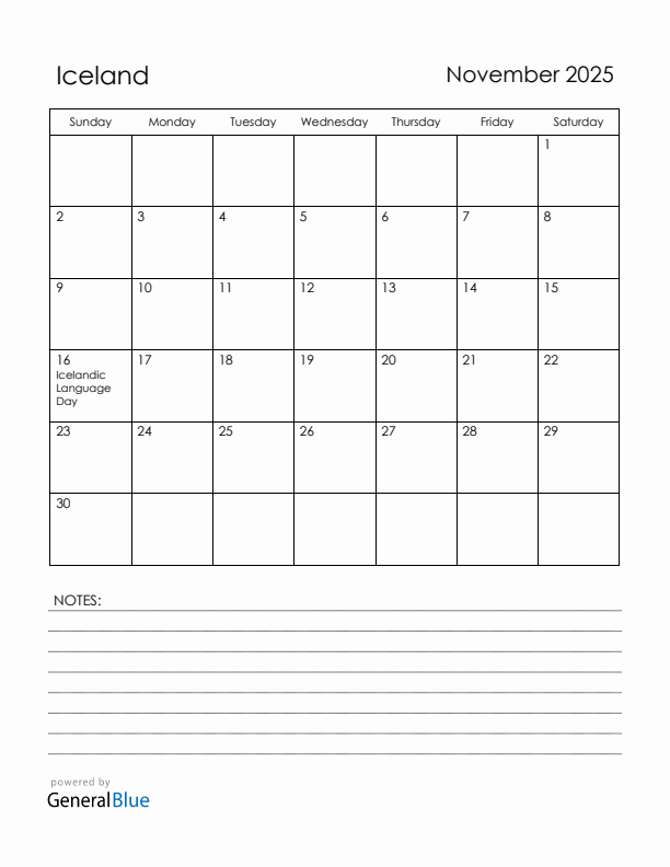 November 2025 Iceland Calendar with Holidays (Sunday Start)