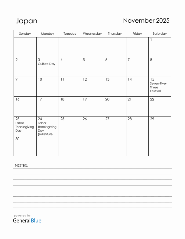 November 2025 Japan Calendar with Holidays (Sunday Start)