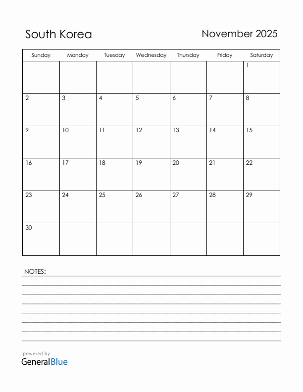 November 2025 South Korea Calendar with Holidays (Sunday Start)