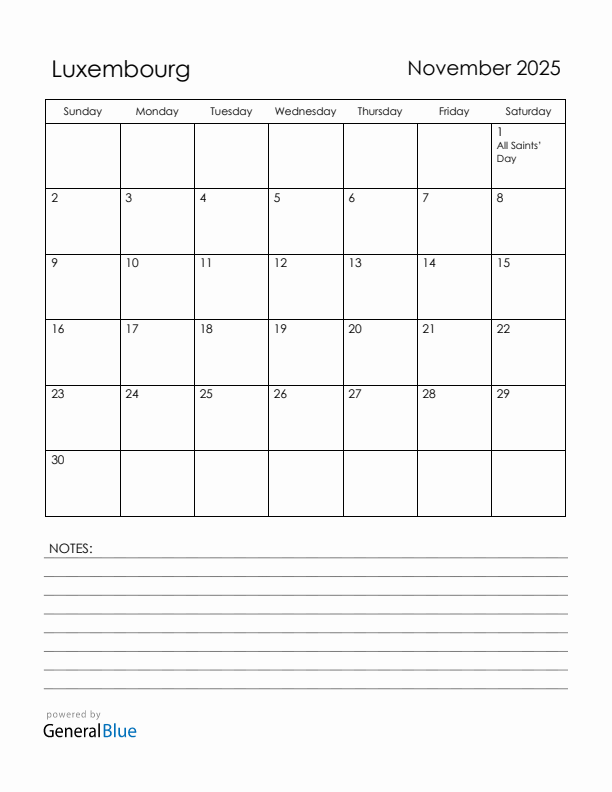 November 2025 Luxembourg Calendar with Holidays (Sunday Start)