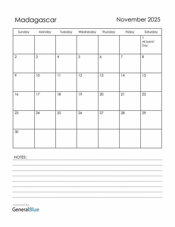 November 2025 Madagascar Calendar with Holidays (Sunday Start)