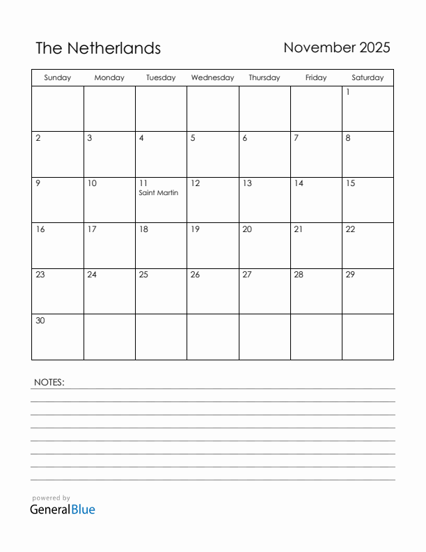 November 2025 The Netherlands Calendar with Holidays (Sunday Start)