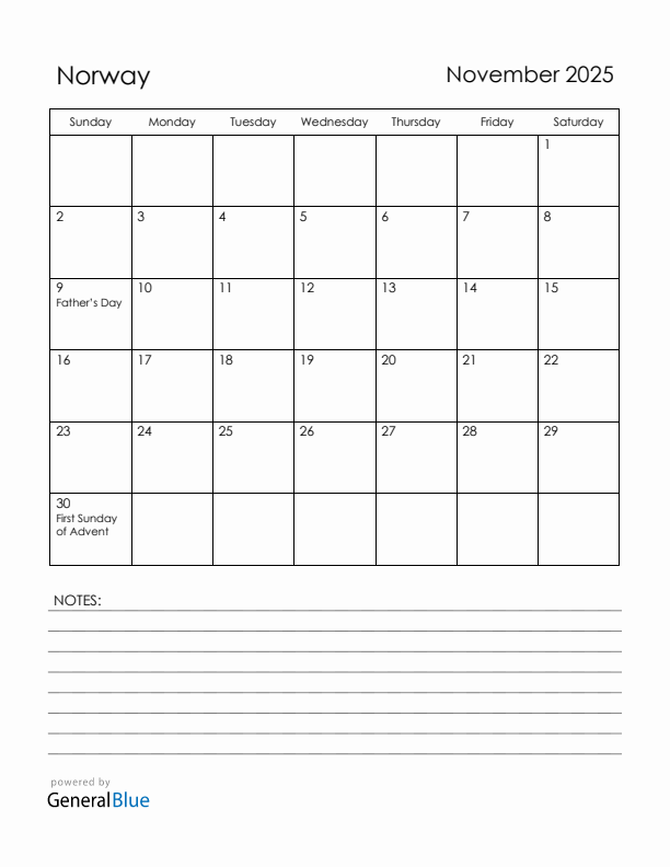 November 2025 Norway Calendar with Holidays (Sunday Start)