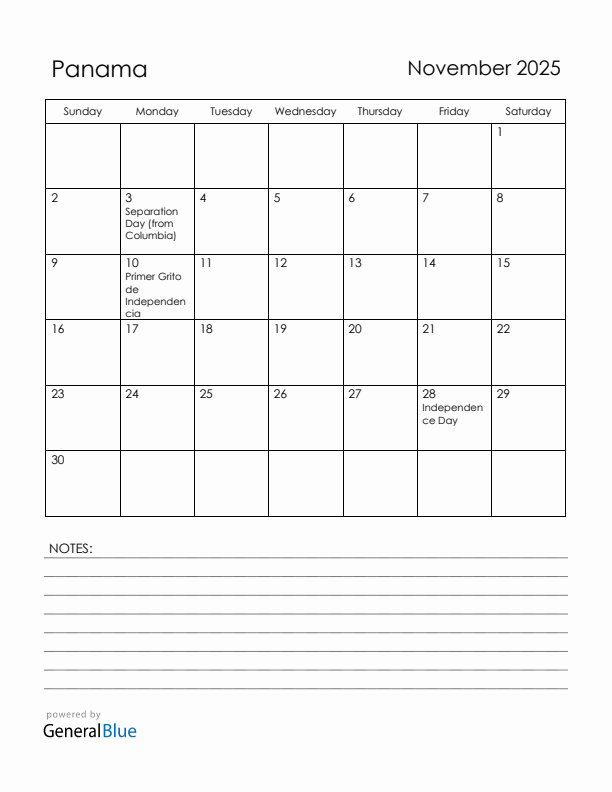 November 2025 Panama Calendar with Holidays (Sunday Start)