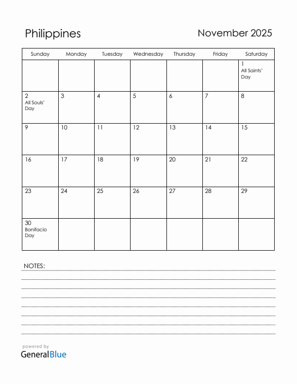 November 2025 Philippines Calendar with Holidays (Sunday Start)