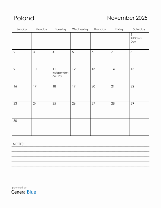 November 2025 Poland Calendar with Holidays (Sunday Start)