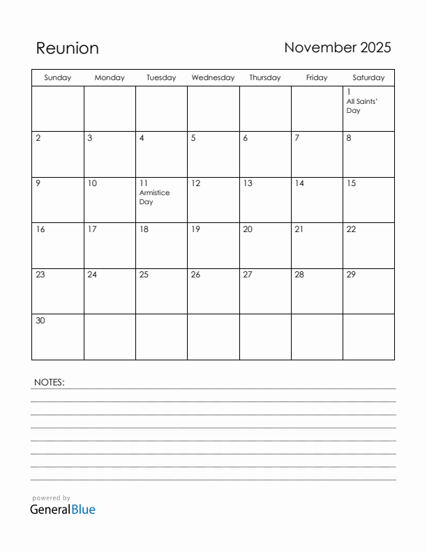 November 2025 Reunion Calendar with Holidays (Sunday Start)