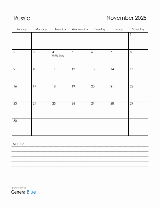 November 2025 Russia Calendar with Holidays (Sunday Start)
