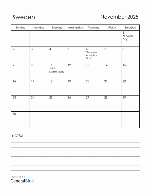 November 2025 Sweden Calendar with Holidays (Sunday Start)