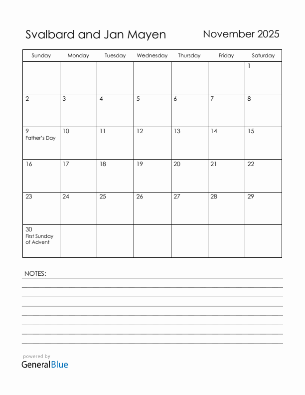 November 2025 Svalbard and Jan Mayen Calendar with Holidays (Sunday Start)