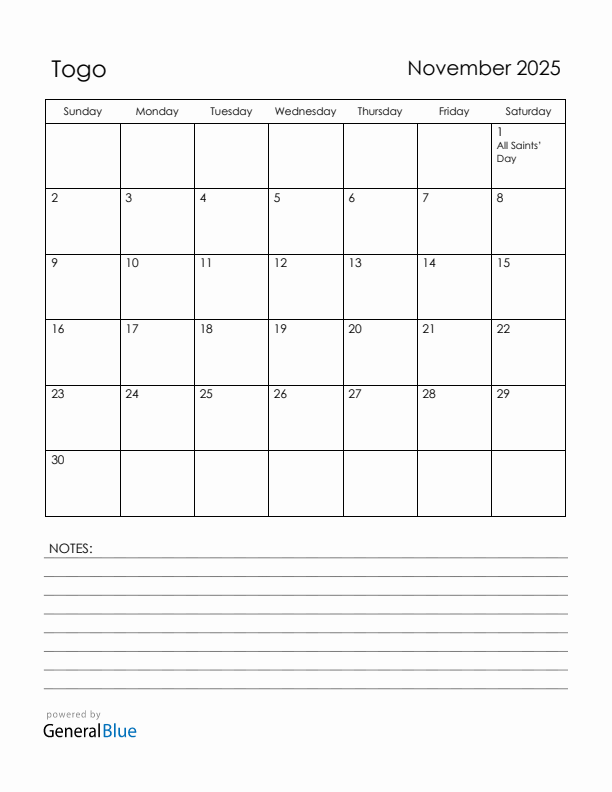 November 2025 Togo Calendar with Holidays (Sunday Start)
