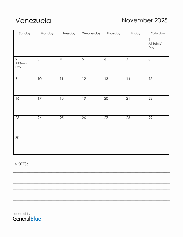 November 2025 Venezuela Calendar with Holidays (Sunday Start)