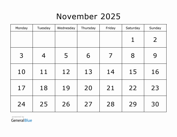 Printable November 2025 Calendar - Monday Start