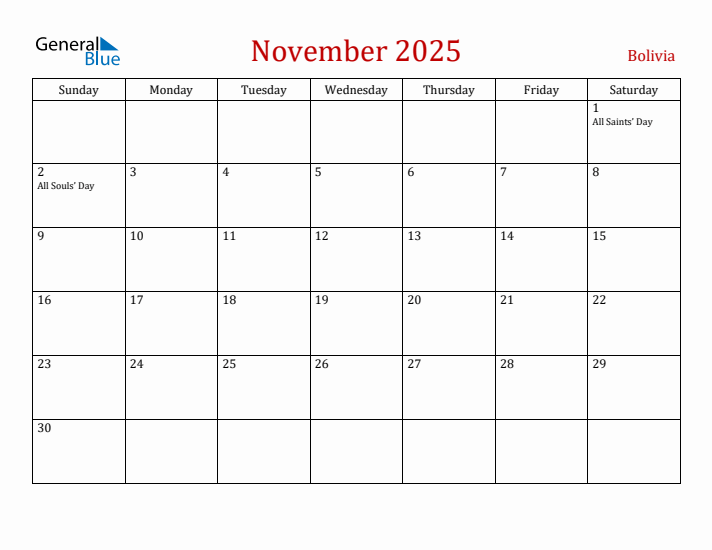 Bolivia November 2025 Calendar - Sunday Start