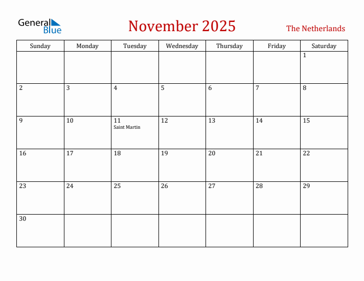 The Netherlands November 2025 Calendar - Sunday Start