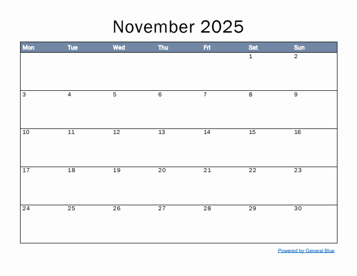 November 2025 Simple Month Calendar Template