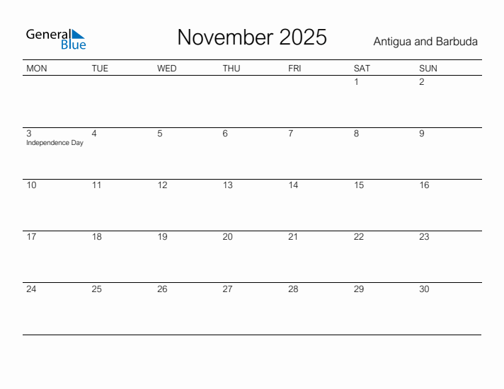 Printable November 2025 Calendar for Antigua and Barbuda