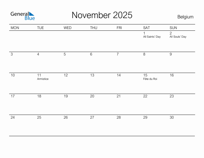 Printable November 2025 Calendar for Belgium