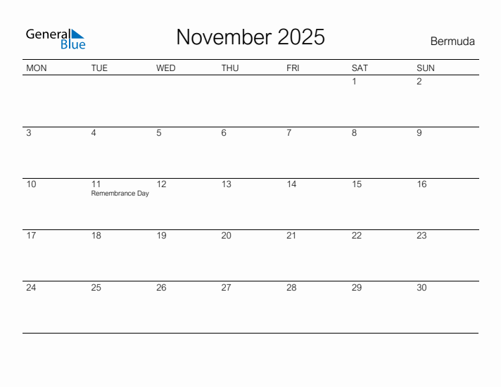 Printable November 2025 Calendar for Bermuda