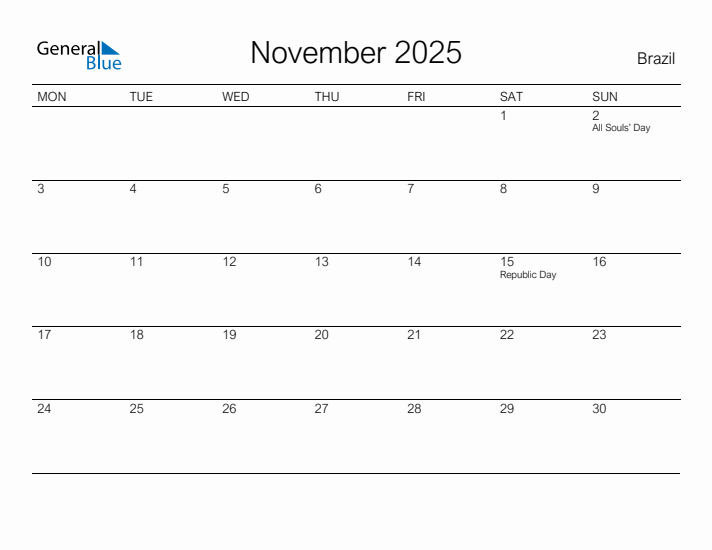 Printable November 2025 Calendar for Brazil