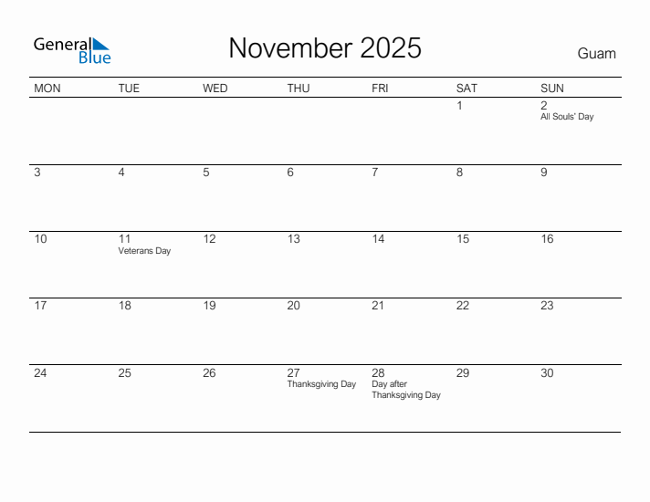 Printable November 2025 Calendar for Guam