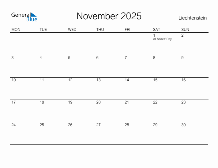 Printable November 2025 Calendar for Liechtenstein