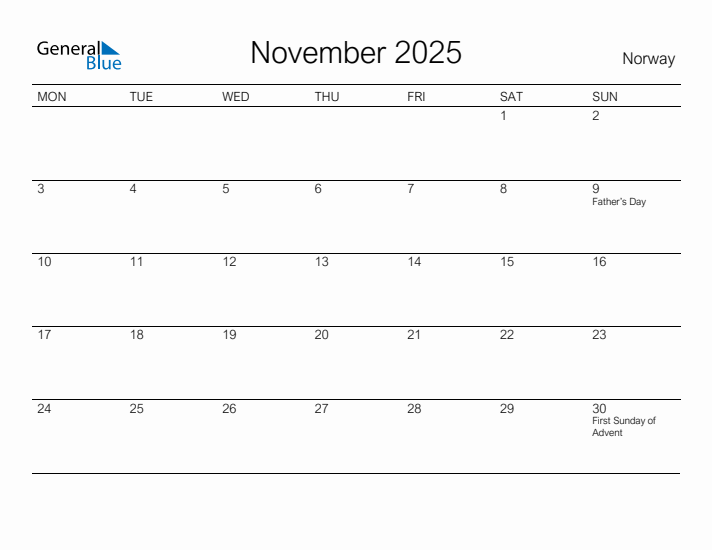 Printable November 2025 Calendar for Norway