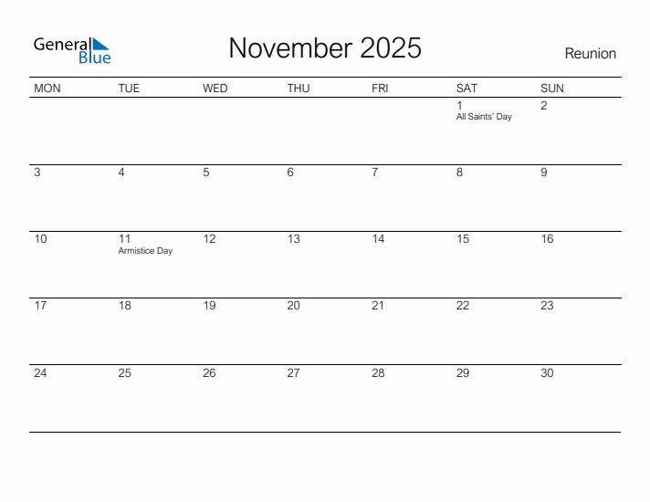 Printable November 2025 Calendar for Reunion