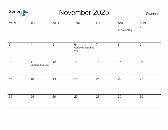 Printable November 2025 Calendar for Sweden