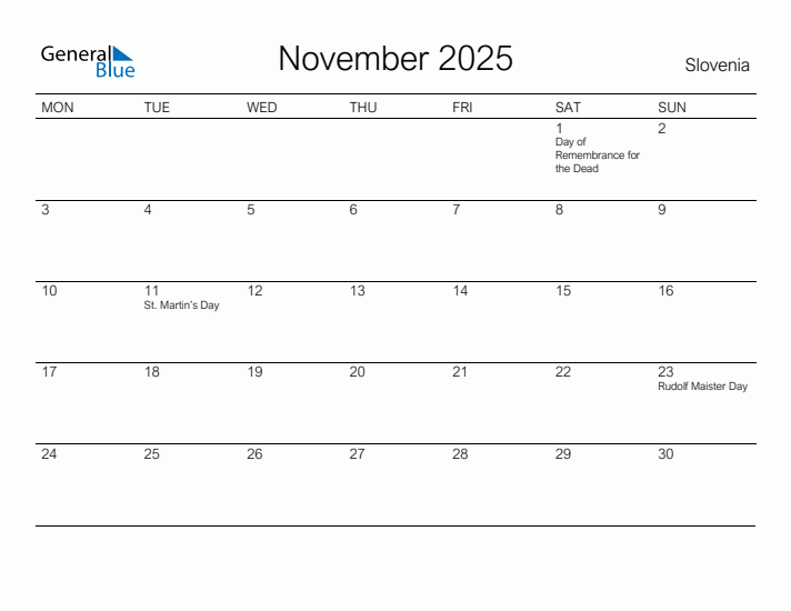 Printable November 2025 Calendar for Slovenia