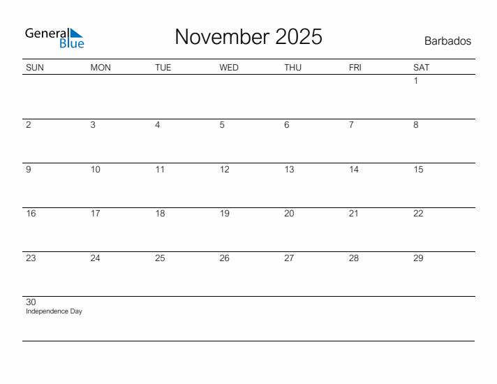 Printable November 2025 Calendar for Barbados