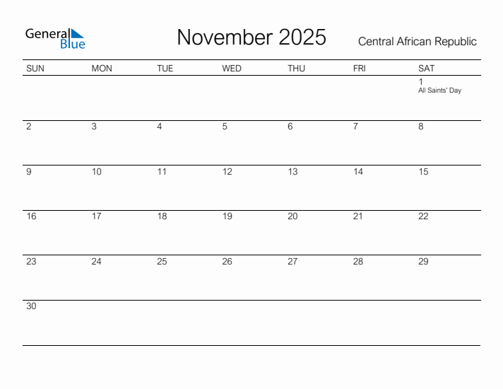 Printable November 2025 Calendar for Central African Republic