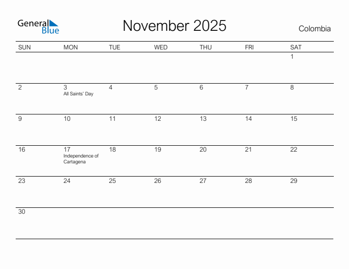 Printable November 2025 Calendar for Colombia