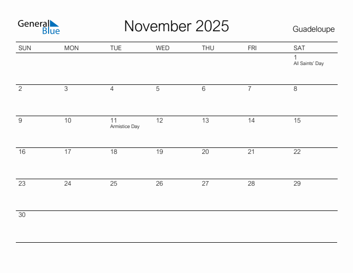 Printable November 2025 Calendar for Guadeloupe