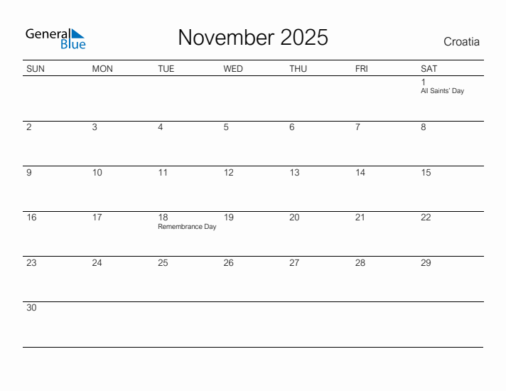 Printable November 2025 Calendar for Croatia