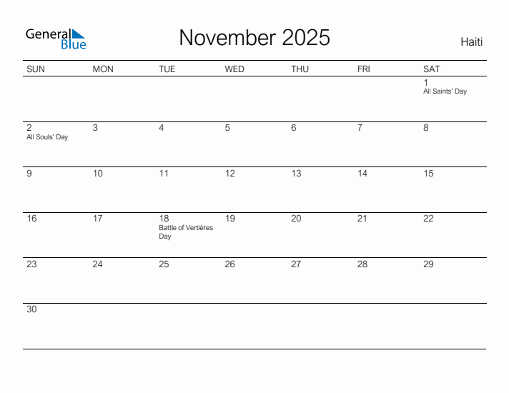 Printable November 2025 Calendar for Haiti