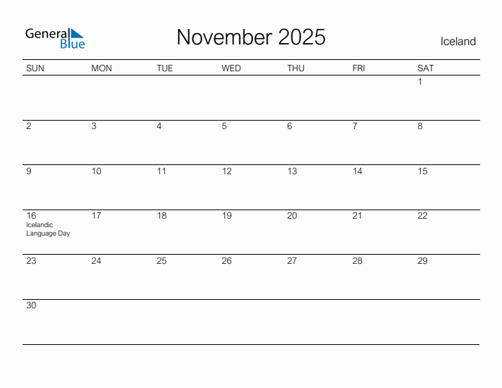 Printable November 2025 Calendar for Iceland