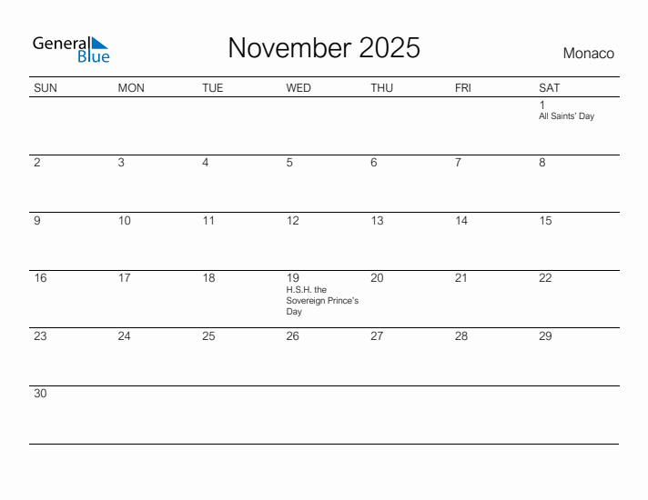 Printable November 2025 Calendar for Monaco