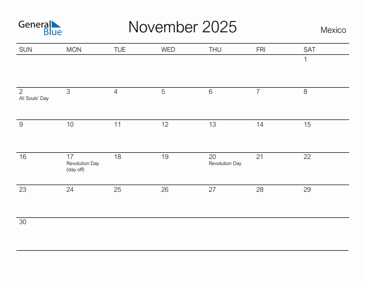 Printable November 2025 Calendar for Mexico