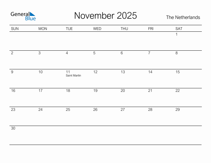 Printable November 2025 Calendar for The Netherlands