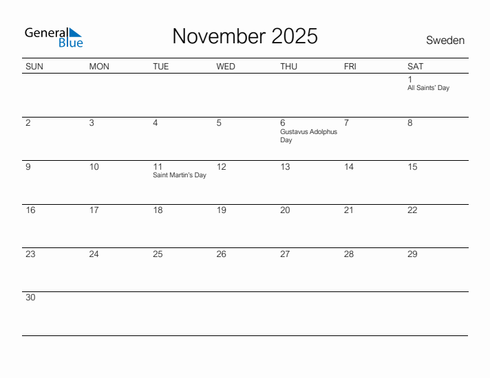 Printable November 2025 Calendar for Sweden