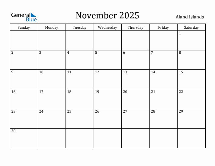 November 2025 Calendar Aland Islands