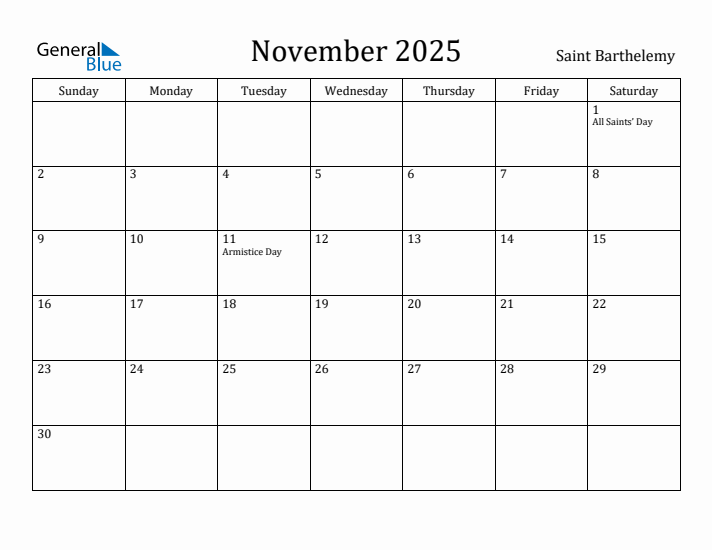 November 2025 Calendar Saint Barthelemy