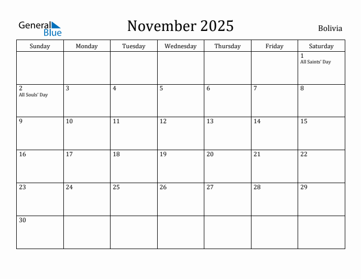 November 2025 Calendar Bolivia