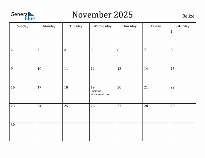 November 2025 Calendar Belize