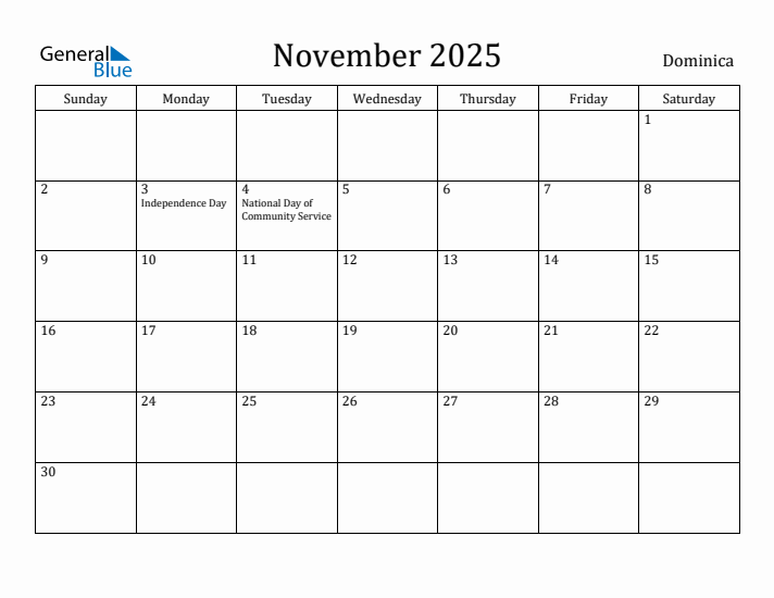 November 2025 Calendar Dominica