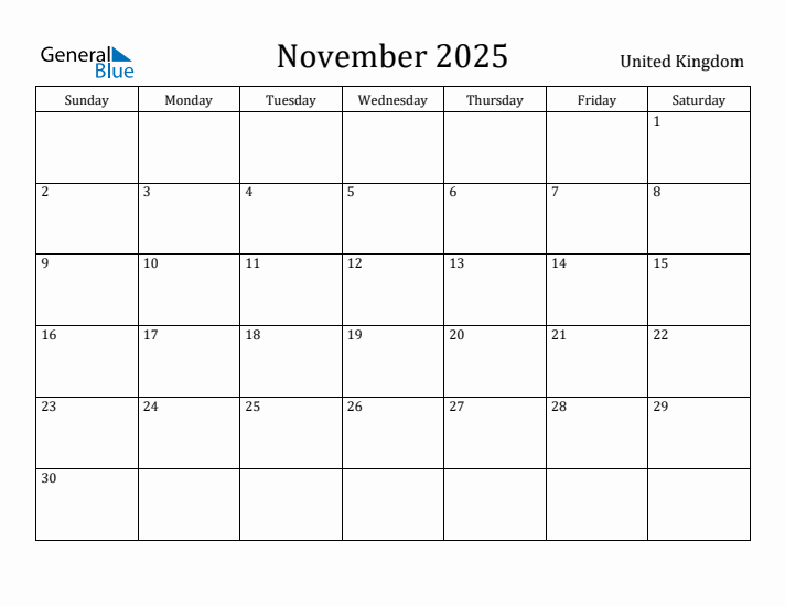 November 2025 Calendar United Kingdom