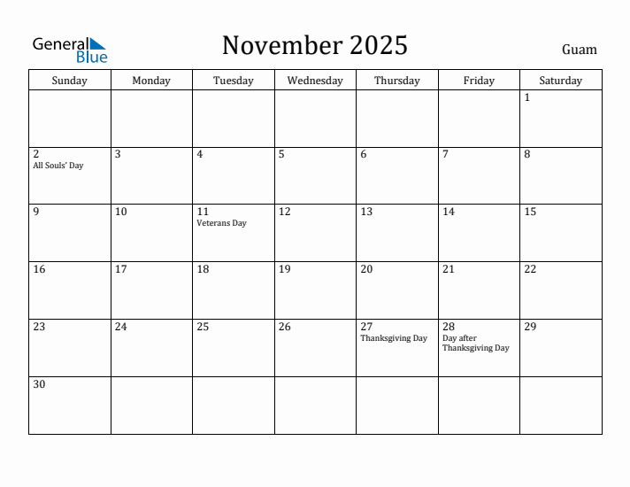 November 2025 Calendar Guam