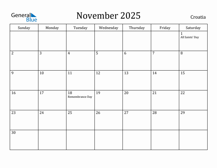 November 2025 Calendar Croatia