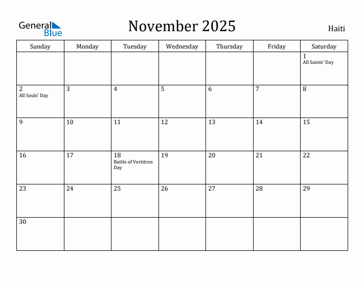 November 2025 Calendar Haiti